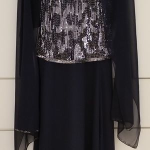 J Kara sequined shawl sheath dark navy gown